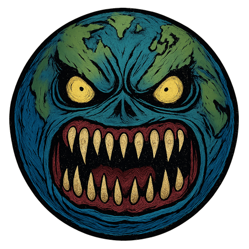 Super scary earth with sharp teeth.
Single Game Texture.  In-Game asset.  2d.  Blank background.  High contrast.  No shadows