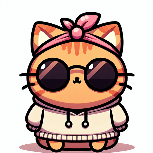 The feminine character is depicted as a cartoon-style, orange tabby cat with noticeable stripes. It features a round face, shielded by oversized, round, dark opaque sunglasses, and a physique that's charmingly smaller than its head, creating a cute, chubby look. This cat is casually dressed in a simple, light-colored hoodie with a drawstring. Unique to this character, however, is a whimsical twist—a pink tie is playfully worn on its head like a hat, adding a quirky and endearing element to its appearance. Positioned comfortably with its paws in front, the cat maintains a relaxed posture. The overall style is engagingly playful and whimsical, perfectly suited for a casual mascot or a protagonist in a children's book. The pink tie, worn in such an unconventional manner, subtly emphasizes the cat's creative and fun-loving nature, making it even more captivating and endearing..
Single Game Texture. In-Game asset. 2d. Blank background. High contrast. No shadows.