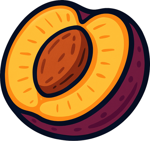 Ciruela Fruta cortada por la mitad.
In-Game asset.  2d.  High contrast.  No shadows. Cartoon.