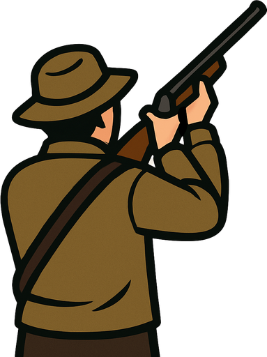 Silahını yukarı doğrultup nişan almış bir ördek avcısının arkadan görünüşünü çiz.
In-Game asset.  2d.  High contrast.  No shadows