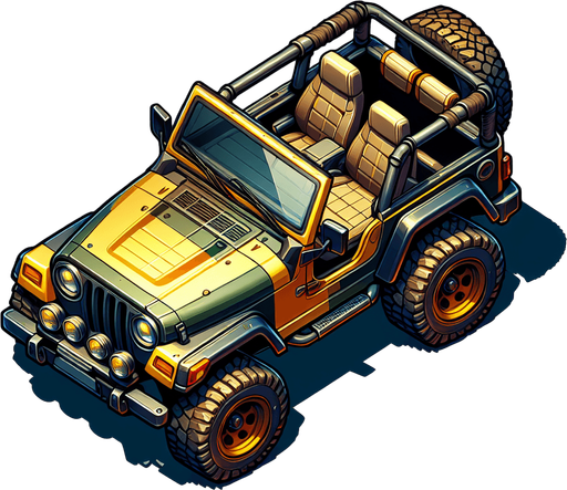 Jeep car cartoony, top down view.
Single Game Texture. In-Game asset. 2d. Blank background. High contrast. No shadows.