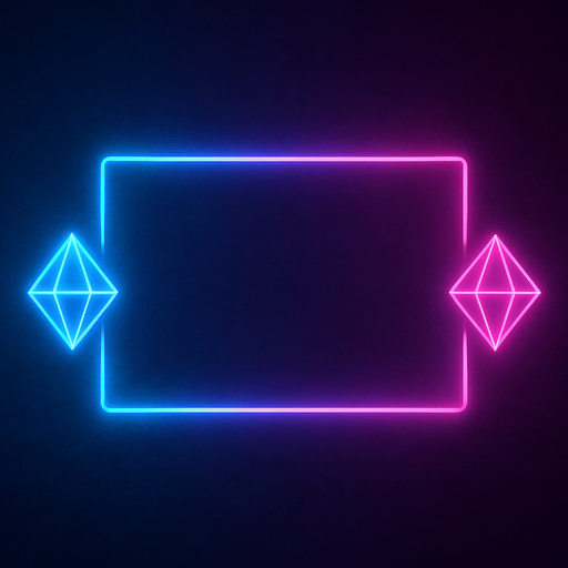 Neon cyberpunk rectangular empty outline flat two crystals hologram 2 glowing Diamonds on each side symmetrical selection highlight overlay