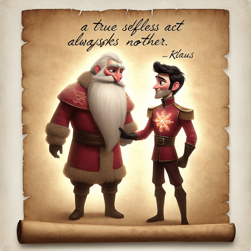a pergament with Klaus and Jesper from the movie Klaus. There is the text: "A true selfless act always sparks another. -Klaus"