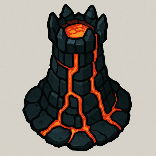 Dark magma tower.
In-Game asset.  2d.  High contrast.  No shadows. Topdown