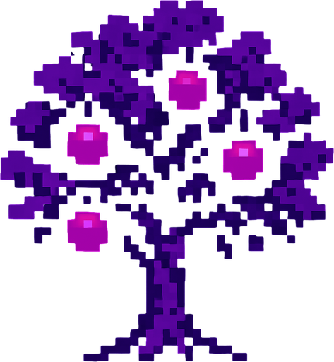 obscurity black purple 8 bits and a fruit tree.
In-Game asset.  2d.  High contrast.  No shadows