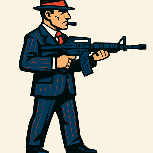 un mafioso italiano usando un m4 con la perspectiva lateral de cuerpo completo
In-Game asset.  2d.  High contrast.  No shadows