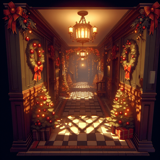 Eerie Christmas-inspired hallway similar to a resident evil room
Single Game Texture. In-Game asset. 2d. Blank background. High contrast. No shadows.