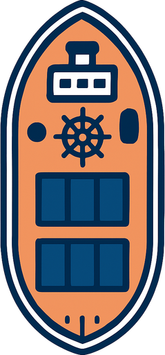 2D vector illustration of a ship from top view perspective, minimalistic flat design, clean lines, no background (transparent), realistic ship shape, visible deck, helm, and other top-side details, symmetrical composition..
In-Game asset.  High contrast.  No shadows