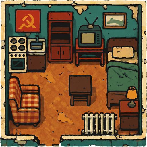 A 80's Soviet apartment, slightly ruined but in use.
In-Game asset.  2d.  High contrast.  No shadows. Top down view