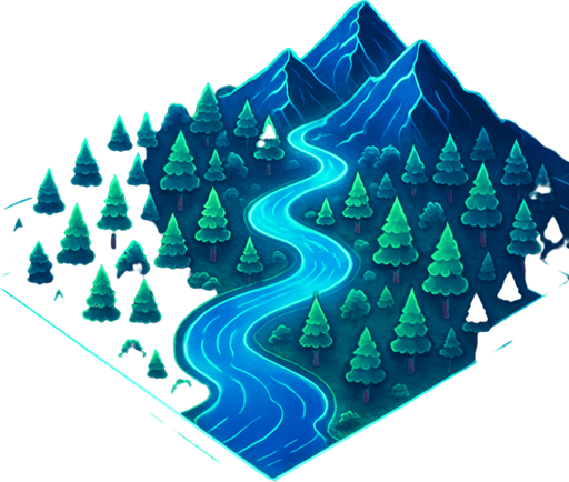 Top down isometric anime forest River mountains neon map grid hologram