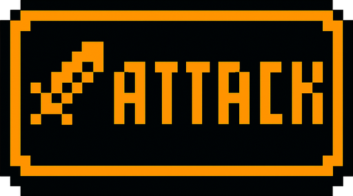 Black button with an orange outline that says "attack" and has a sword icon, pixel art.
In-Game asset.  2d.  High contrast.  No shadows