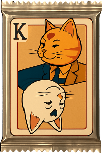 A booster pack of collectible cards in the plastic packaging. On the package is a picture of these two cats as if they are the King on a card in a deck of regular playing cards. The orange one is on top facing left and the bottom one is the white one facing right, side profile, just like a king on a regular playing card. There is a K in the top left corner to mark the King, but no suit.