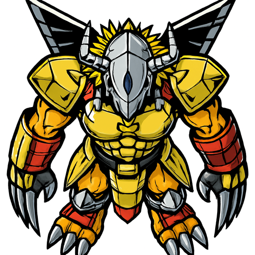 Wargreymon, visto desde arriba, detalles muy altos, sin errores idéntico.
In-Game asset.  2d.  High contrast.  No shadows