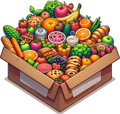 Box of food.
Single Game Texture.  In-Game asset.  2d.  Blank background.  High contrast.  No shadows