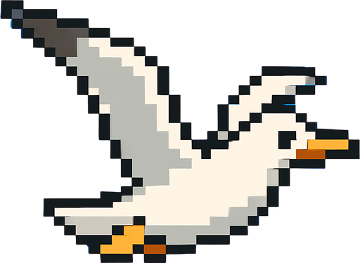 seagull looking to the right, pixelart, flying.
In-Game asset.  2d.  High contrast.  No shadows