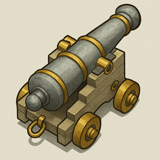 17. century light gray with gold cannon for seaside only naked shooting cannon topdownlook medieval-semirealistic,.
In-Game asset.  2d.  High contrast.  No shadows