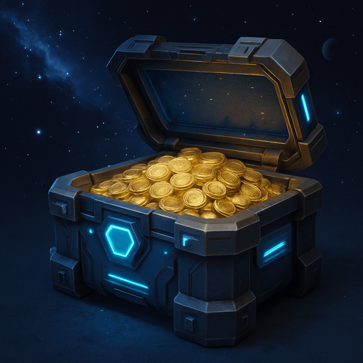 Uzay temalı, içi altın dolu kapağı açık kasa, gerçekçi, 
In-Game asset.  High contrast.  No shadows