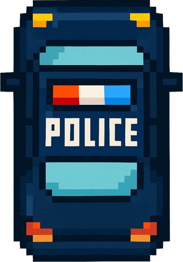 coche de policia hecho con pixeles con perspectiva desde arriba
In-Game asset.  2d.  High contrast.  No shadows