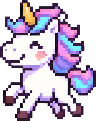 El unicornio debe ser un personaje adorable y colorido en estilo pixel art, con cuerpo erguido sobre dos patas traseras como si caminara o corriera, crin y cola multicolor en tonos pastel (rosa, celeste, violeta), cuerno dorado o brillante en la frente, y una expresión alegre o soñadora en su rostro; su cuerpo debe ser blanco o lavanda claro, con detalles simples como cascos marcados y orejitas visibles, y su animación puede incluir un suave rebote o movimiento de la crin al desplazarse; el estilo debe ser caricaturesco y alegre, con fondo transparente y un diseño encantador que encaje bien en un juego mágico, infantil o casual..
In-Game asset.  2d.  High contrast.  No shadows