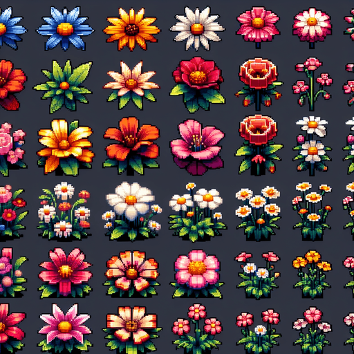 Sprite Sheet of flowers viewed from the top (zenith view).
Modern video game style