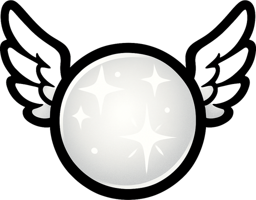 una esfera blanca con destellos con alas de angel a los lados.
In-Game asset.  2d.  High contrast.  No shadows