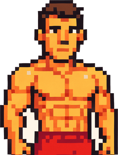 Hombre atlético mirando a la cámara pixel art.
In-Game asset.  2d.  High contrast.  No shadows