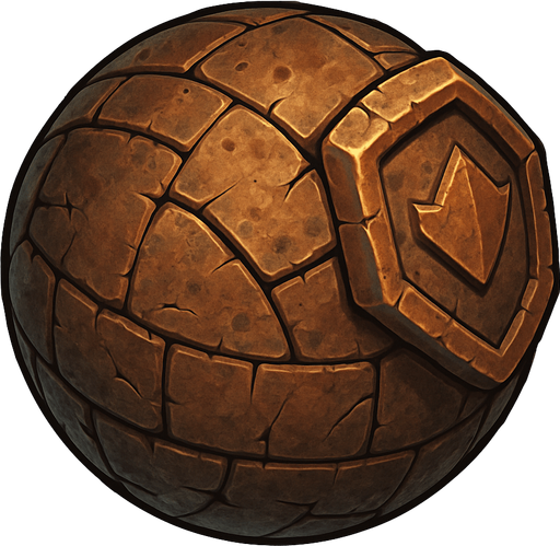 A single, isolated, highly detailed top-down isometric game asset of a Rolling Golem. It is a large, heavily armored construct, predominantly spherical or cylindrical in shape, designed for rolling. Its body is made of weathered stone or rusted metal plating, with visible cracks or joints. It should have a clear, implied 'front' side oriented towards the right of the image, with perhaps larger plating or a more distinct feature (like a simple, static crest or emblem) on this leading side to emphasize direction. No limbs or articulated parts. The entire body suggests immense weight and slow, deliberate movement. Style: Stylized, sturdy fantasy or arcane-industrial, suitable for a Tower Defense game. Transparent background..
In-Game asset.  2d.  High contrast.  No shadows