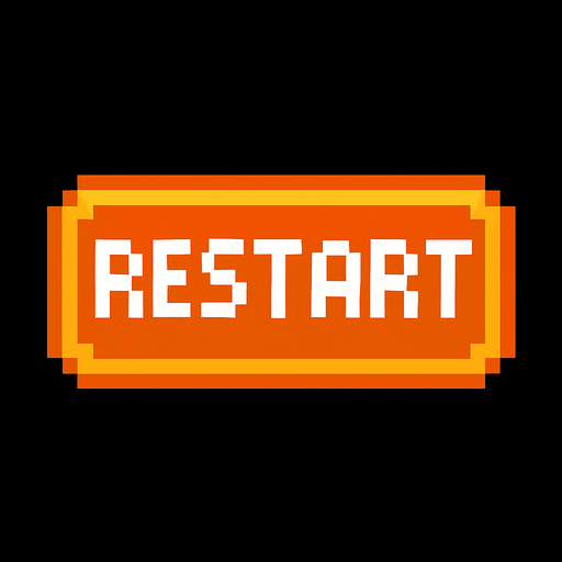 restart button, orange outline, white text, pixel art..
In-Game asset.  2d.  High contrast.  No shadows