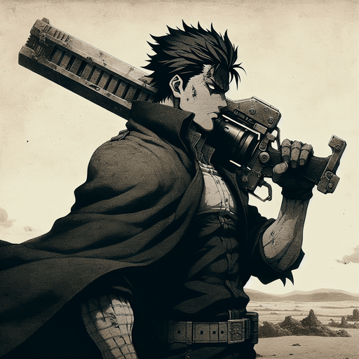 A muscular, imposing man with short spiky black hair, dark eyes, and a cold expression. He wears a long, dark trench coat and carries a large gun. His body language is strong and aggressive, with a gritty, rugged look, evoking a sense of danger. The background is desolate, with dusty windblown landscapes, reflecting the harsh environment of the anime world. The atmosphere should feel intense and full of tension, emphasizing his role as a tough, battle-hardened character.".
Single Game Texture. In-Game asset. 2d. Blank background. High contrast. No shadows.