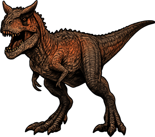 A fierce Carnotaurus dinosaur depicted in a dynamic neutral pose on a transparent background. It has a slender but muscular body covered with rough, textured reddish-brown and dark gray scales. The head is distinctive with two prominent horns above its eyes and a wide mouth showing sharp teeth. Its arms are tiny and tucked close to the body, while powerful legs end in sharp claws. The skin shows bumps and small scars, emphasizing its predatory nature and agility..
In-Game asset.  2d.  High contrast.  No shadows