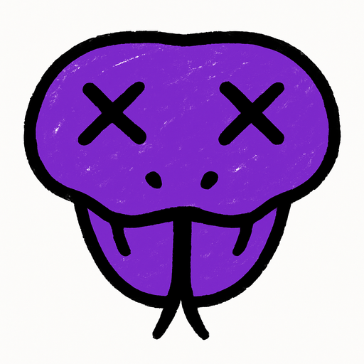 cabeza de serpiente morada con x en los ojos.
In-Game asset.  High contrast.  No shadows. 2d draw, kid draw, simple, minimalistic