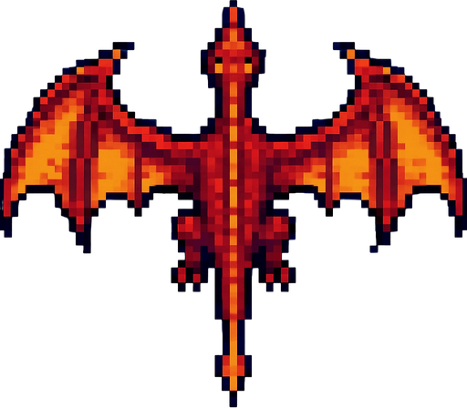 dragón volando pixel art.
In-Game asset.  2d.  High contrast.  No shadows vista desde arriba