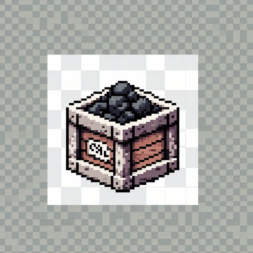 pixel art of a crate made of stone with a label of coal on the side, flat side view. Single Game Texture. In-Game asset. 2d. Blank background. High contrast. No shadows.