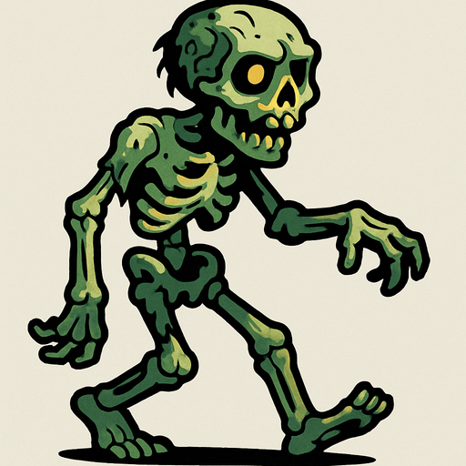 Esqueleto zombi en cuerpo completo caminando.
In-Game asset.  2d.  High contrast.  No shadows