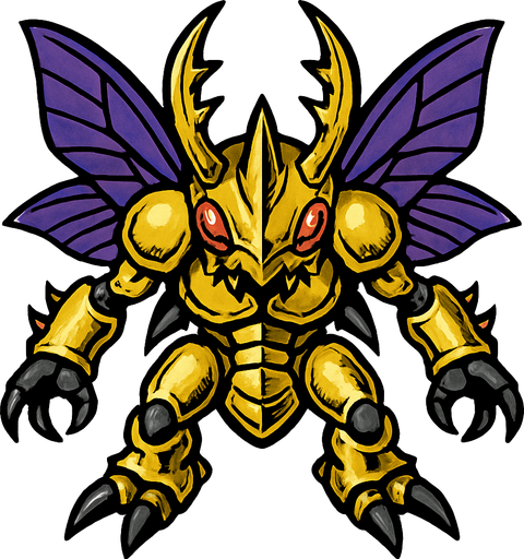 Herculeskabuterimon, visto desde arriba, calidad y detalles altamente épicos.
In-Game asset.  2d.  High contrast.  No shadows