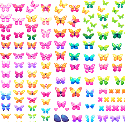 A sprite sheet of different colored butterflies. Include pink, green and yellow..
Single Game Texture. In-Game asset. 2d. Blank background. High contrast. No shadows.