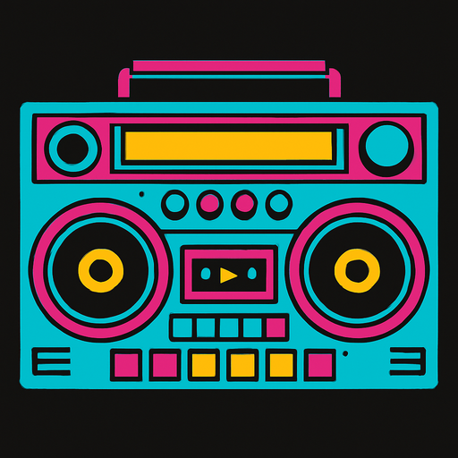 A boombox stereo. Top down view.  80s arcade machine graphics..
In-Game asset.  2d.  High contrast.  No shadows