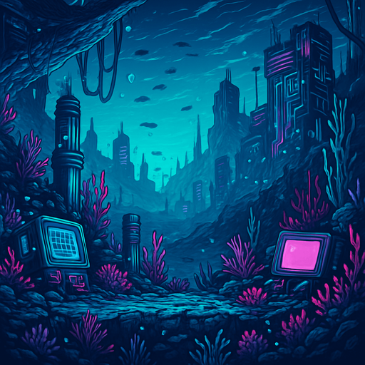 neon cyberpunk manga undersea landscape  ocean computer simulation underwater seafloor underwater background hd 2 sidescrolling platformer videogame bg undersea landscape