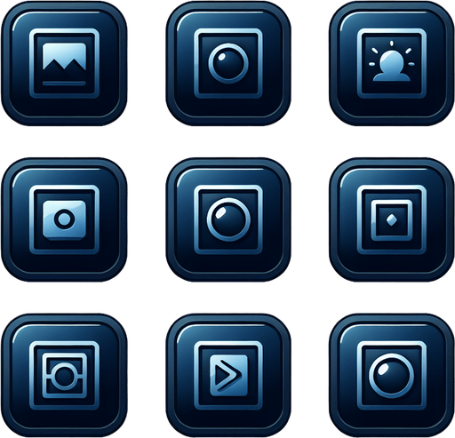 Collection of high definition modern rounded squares buttons.
icons : image, frame, ...
Simple backgrounds. 
Few dark-blue colours .