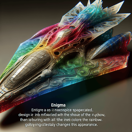 “Энигма” представляет собой величественный космический корабль, выполненный в форме кристалла с плавными, органическими линиями. Его корпус переливается всеми цветами радуги, создавая впечатление, что корабль постоянно меняет свой облик. На поверхности можно заметить сложные узоры, напоминающие древние руны, которые светятся мягким светом..
Single Game Texture. In-Game asset. 2d. Blank background. High contrast. No shadows.