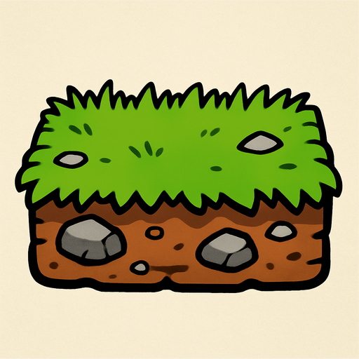 Cesped en forma de rectangulo como con el pasto arriba tierra y algunas rocas irregulares.
In-Game asset.  2d.  High contrast.  No shadows