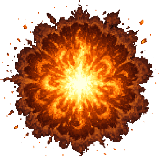"High-quality 2D pixel art of a large magical explosion. The explosion is circular with a dense, fiery core made of layered orange, yellow, and white flames. Surrounding the core are expanding rings of fire and smoke, forming a symmetrical, radial burst pattern. The edges are rough and scattered with glowing embers and pixelated debris. The style mimics SNES-era fantasy RPG pixel effects, with vibrant colors and dramatic lighting. Transparent background.".
In-Game asset.  2d.  High contrast.  No shadows