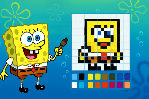 Fullscreen modern App Store landscape banner, 16:9, high definition, for a game titled "SpongeBob Sprite Maker" and with the description "Design a pixel art sprite of SpongeBob by filling in a grid with colors, using a reference image as your guide.". No text on banner!
