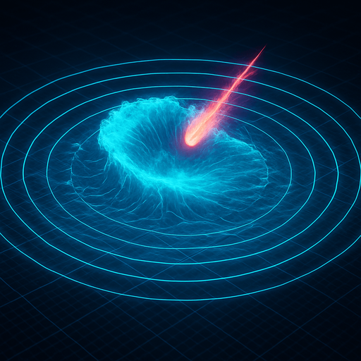 Overhead digital simulation hologram of oceanic meteor impact tsunami wave shockwave radius circle outward crashing neon cyberpunk 3d diagram translucent wave crash hologram neon effect crash