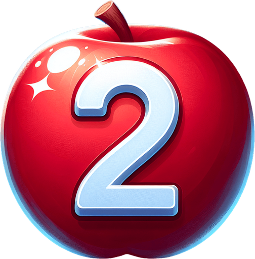 a white " 2" on a  red apple..
Single Game Texture. In-Game asset. 2d. Blank background. High contrast. No shadows.