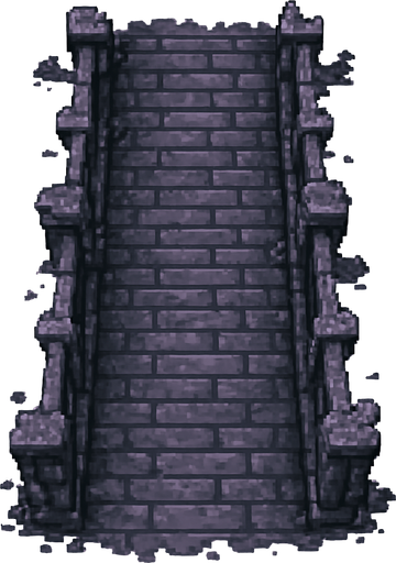 Top down view of a ruined old gray - purple creepy mediavel fance of an overpass. Long run heading straight up and down. pixel art 
Single Game Texture. In-Game asset. 2d. Blank background. High contrast. No shadows.