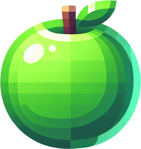 green apple.
Single Game Texture. In-Game asset. 2d. Blank background. High contrast. No shadows.