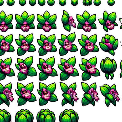 A sprite sheet of different green orchids with pink streaks seen from above. Cartoon. All similar size. Just the blossom. Bold colors and shading. 
Single Game Texture. In-Game asset. 2d. Blank background. High contrast. No shadows.