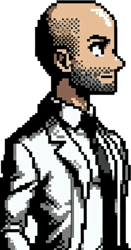 8-bit. cartoon. fancy office person. bald. seen from the side. in game assset. Single Game Texture. In-Game asset. 2d. Blank background. High contrast. No shadows.