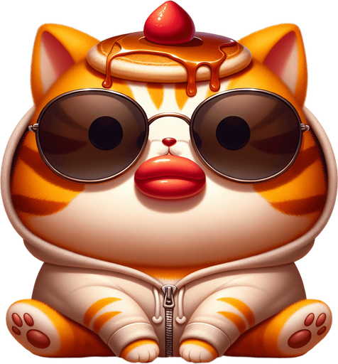 The character in the image is a cartoon-style, orange tabby cat with noticeable stripes. It has a round face, big black eyes covered by oversized, round, dark opaque sunglasses, and a prominent, exaggerated red pout in the shape of a duck's bill that stretches across the entire width of its face. The cat's body is smaller in comparison to its head, giving it a cute, chubby appearance. It's wearing a simple, light-colored hoodie with a drawstring. On its head, rather humorously, sits a pancake, serving as an unconventional hat, with syrup artfully dripping down its sides. The cat sits with its paws visible in front, showing a relaxed posture. The overall style is playful and whimsical, perfect for a casual mascot or a character in a children's book..
Single Game Texture. In-Game asset. 2d. Blank background. High contrast. No shadows.